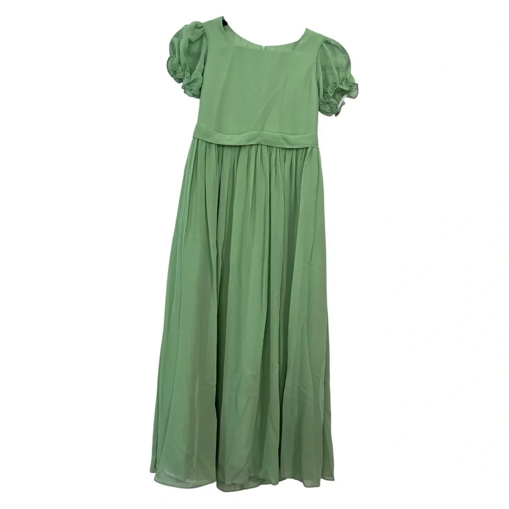 Sage Green Girls Puffed Sleeves Belted Dress w/ detachable bow in back NWT